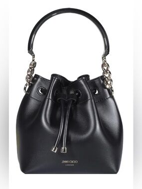 Jimmy Choo Bon Bon logo printed bucket bag in Black